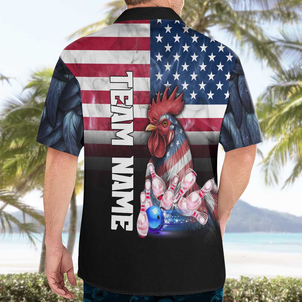 Custom Bowling Rooster Hawaiian Shirt with Striking Pins and American Flag Feather Pattern - Wonder Print Shop
