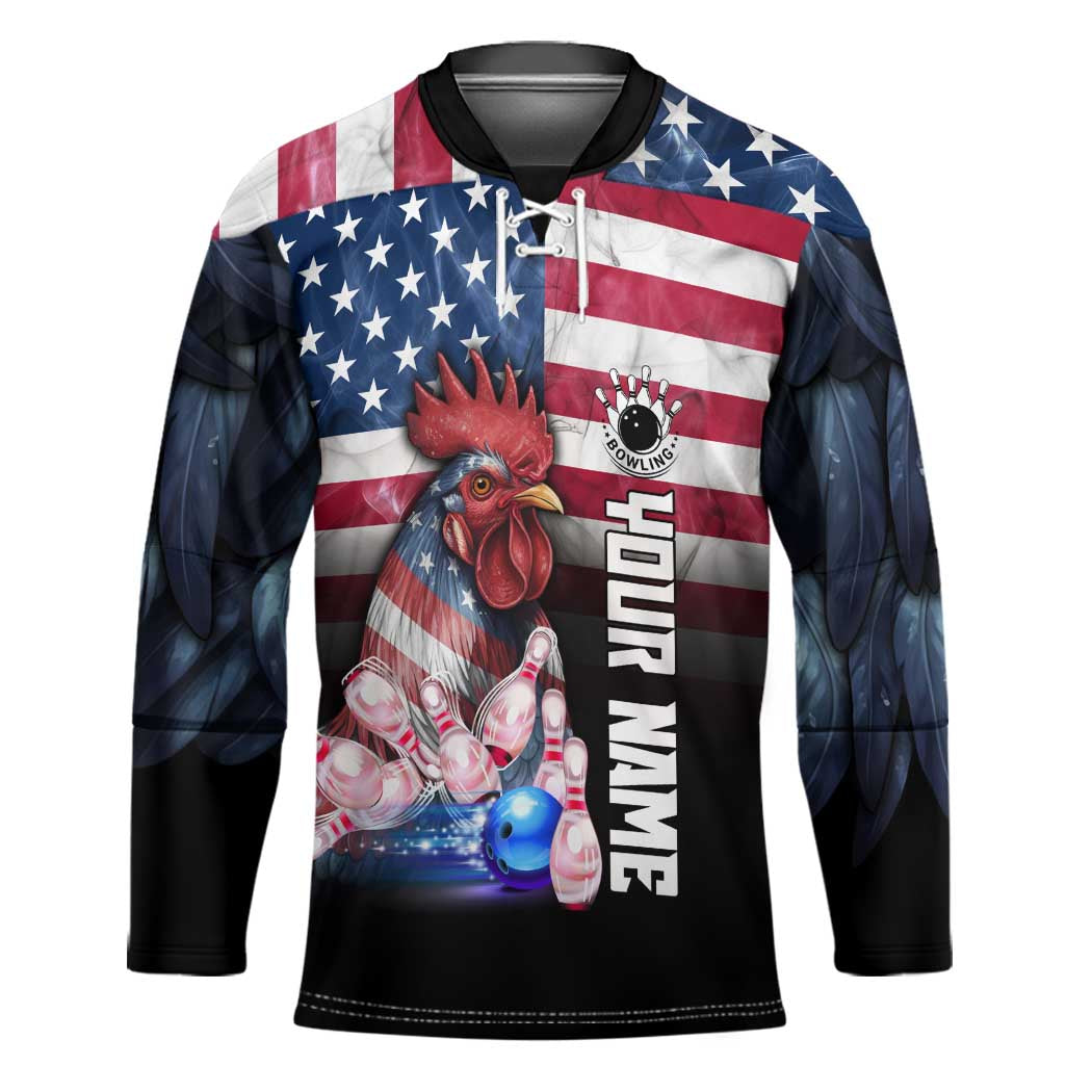 Custom Bowling Rooster Hockey Jersey with Striking Pins and American Flag Feather Pattern - Wonder Print Shop