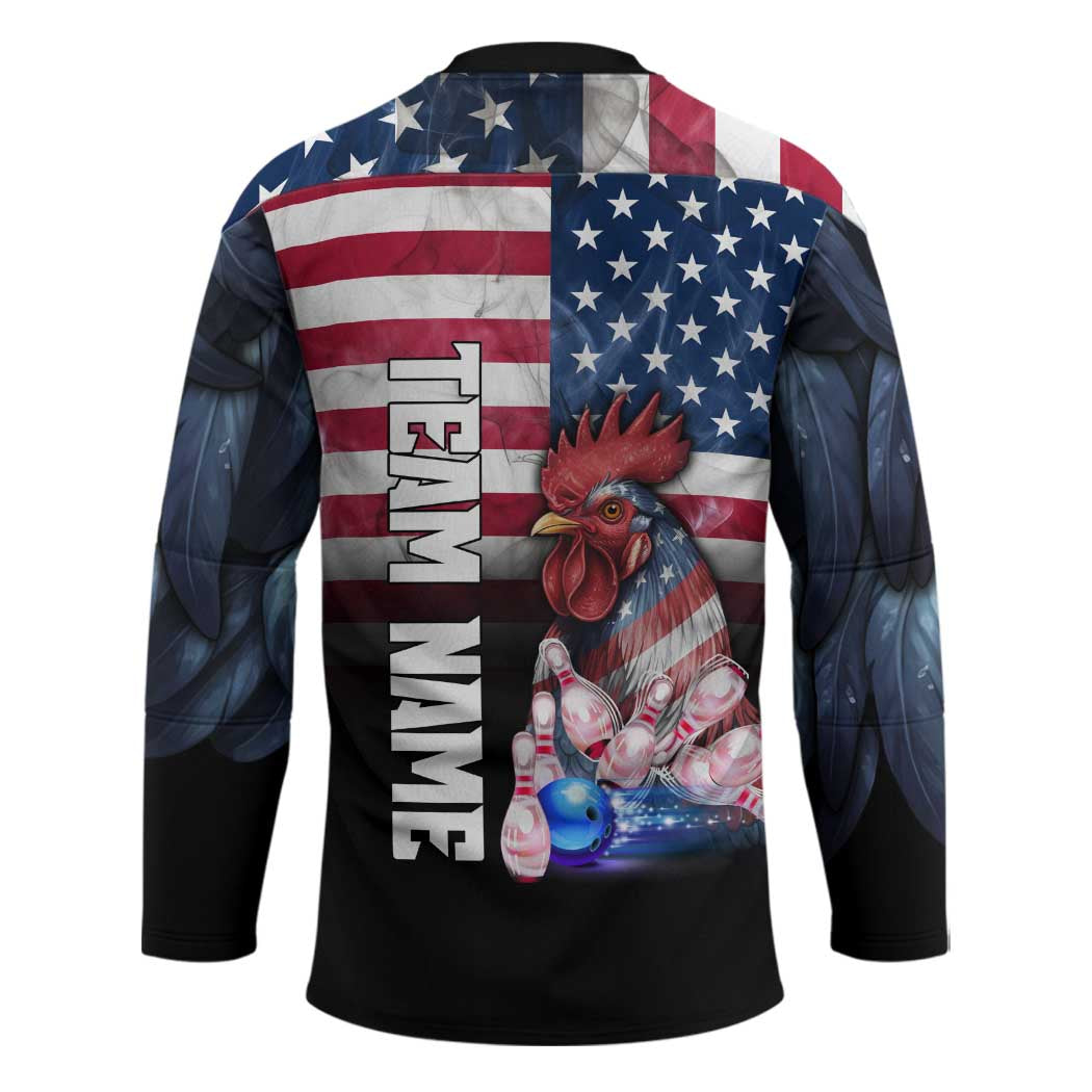 Custom Bowling Rooster Hockey Jersey with Striking Pins and American Flag Feather Pattern - Wonder Print Shop