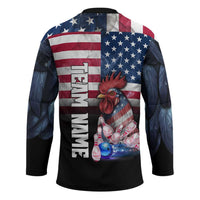 Custom Bowling Rooster Hockey Jersey with Striking Pins and American Flag Feather Pattern - Wonder Print Shop