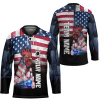 Custom Bowling Rooster Hockey Jersey with Striking Pins and American Flag Feather Pattern - Wonder Print Shop