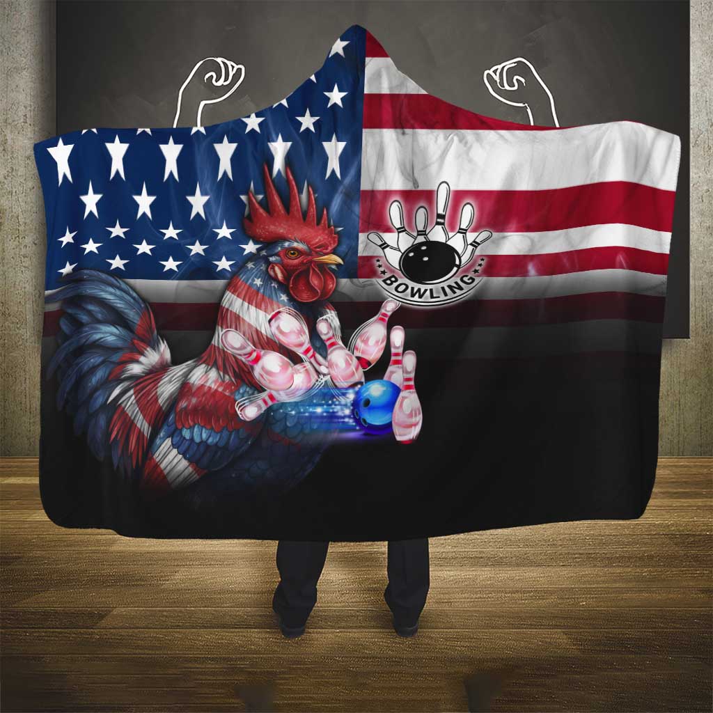 Bowling Rooster Hooded Blanket with Striking Pins and American Flag Feather Pattern - Wonder Print Shop