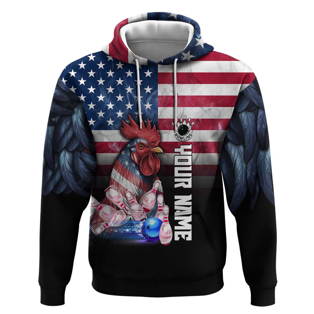 Custom Bowling Rooster Hoodie with Striking Pins and American Flag Feather Pattern - Wonder Print Shop