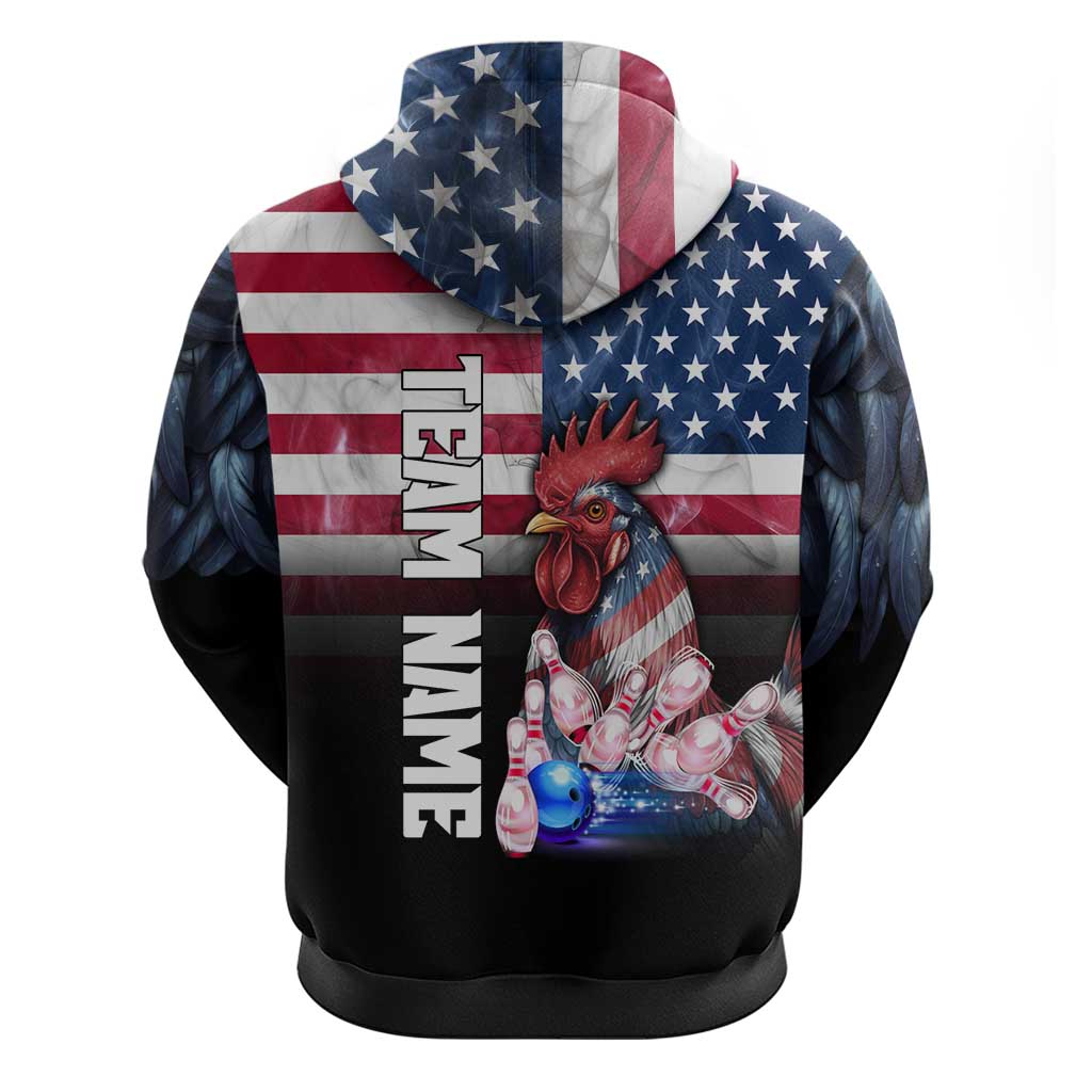 Custom Bowling Rooster Hoodie with Striking Pins and American Flag Feather Pattern - Wonder Print Shop