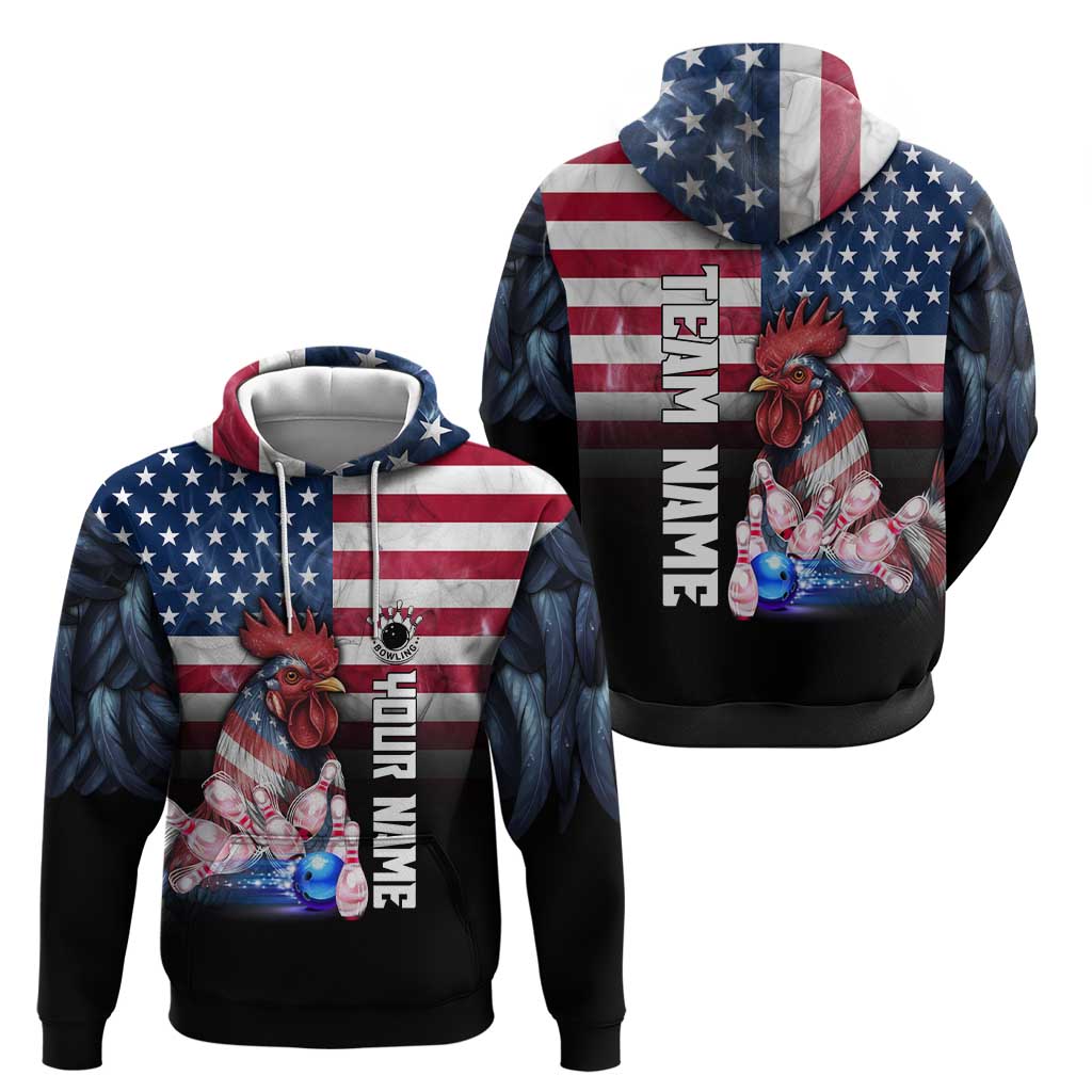 Custom Bowling Rooster Hoodie with Striking Pins and American Flag Feather Pattern - Wonder Print Shop