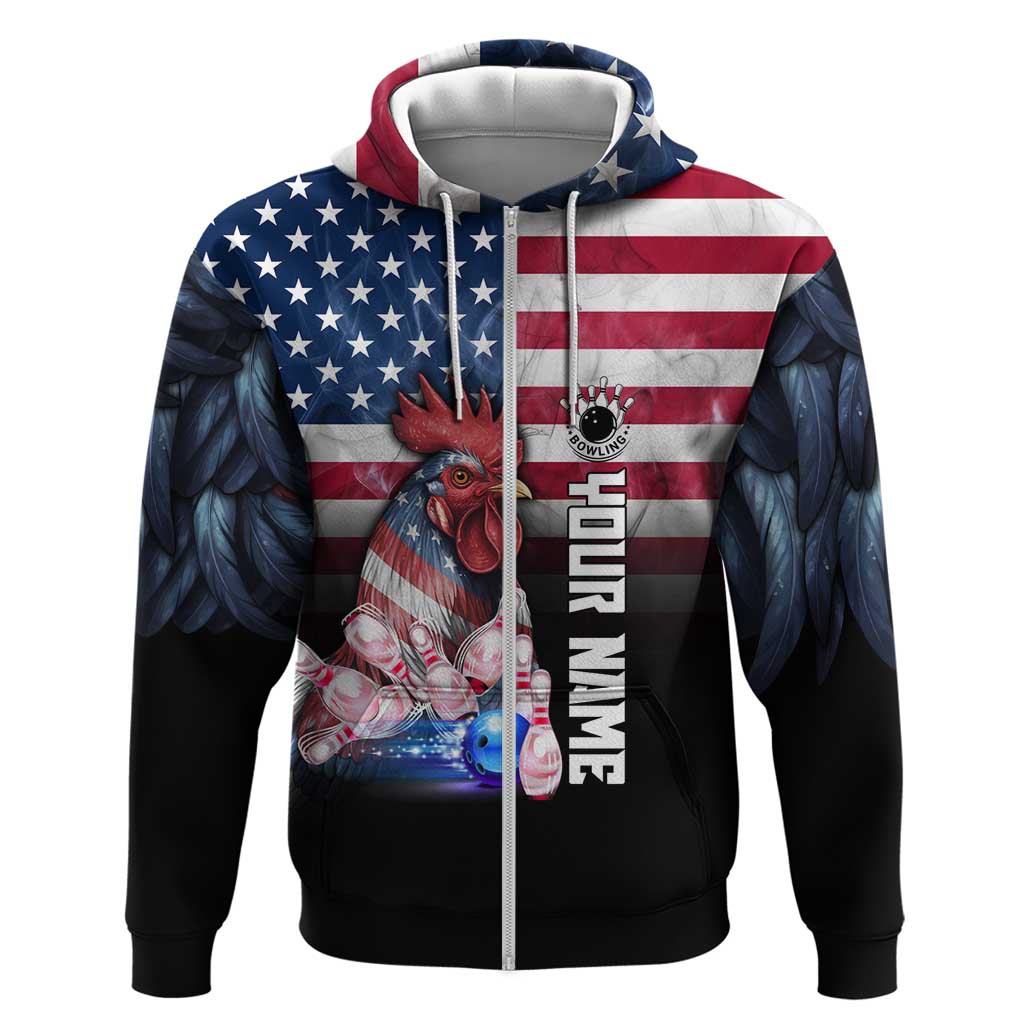 Custom Bowling Rooster Hoodie with Striking Pins and American Flag Feather Pattern - Wonder Print Shop