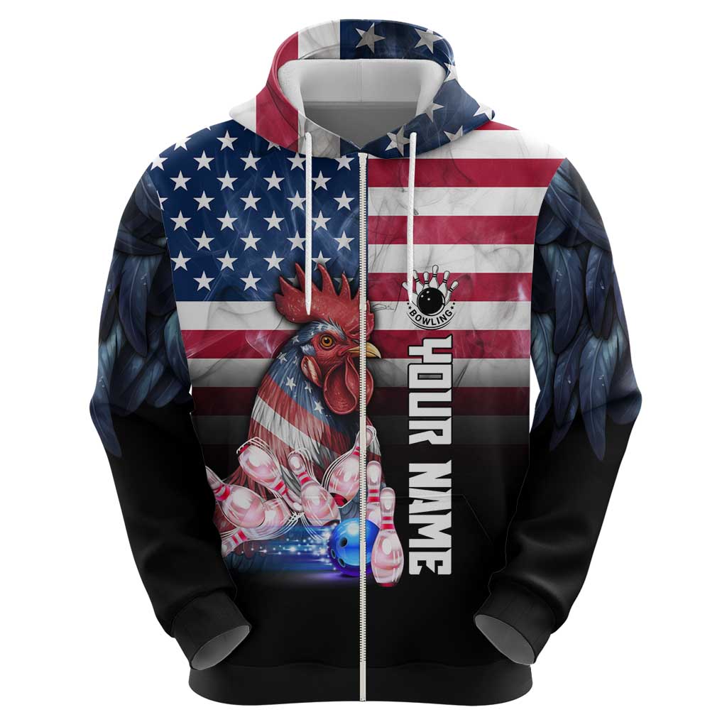 Custom Bowling Rooster Hoodie with Striking Pins and American Flag Feather Pattern - Wonder Print Shop