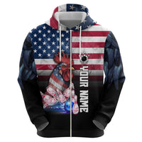 Custom Bowling Rooster Hoodie with Striking Pins and American Flag Feather Pattern - Wonder Print Shop