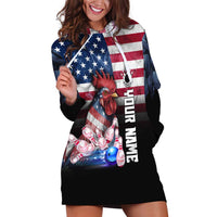 Custom Bowling Rooster Hoodie Dress with Striking Pins and American Flag Feather Pattern - Wonder Print Shop