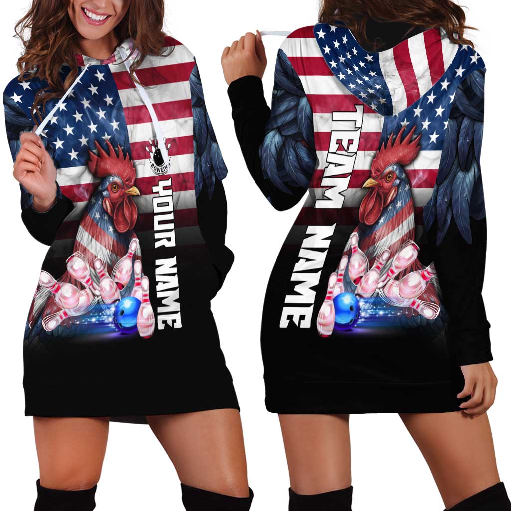 Custom Bowling Rooster Hoodie Dress with Striking Pins and American Flag Feather Pattern - Wonder Print Shop