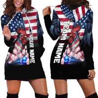 Custom Bowling Rooster Hoodie Dress with Striking Pins and American Flag Feather Pattern - Wonder Print Shop