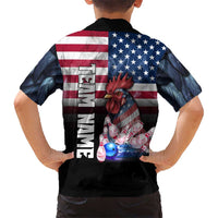 Custom Bowling Rooster Kid Hawaiian Shirt with Striking Pins and American Flag Feather Pattern - Wonder Print Shop
