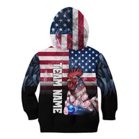 Custom Bowling Rooster Kid Hoodie with Striking Pins and American Flag Feather Pattern - Wonder Print Shop