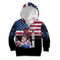 Custom Bowling Rooster Kid Hoodie with Striking Pins and American Flag Feather Pattern - Wonder Print Shop