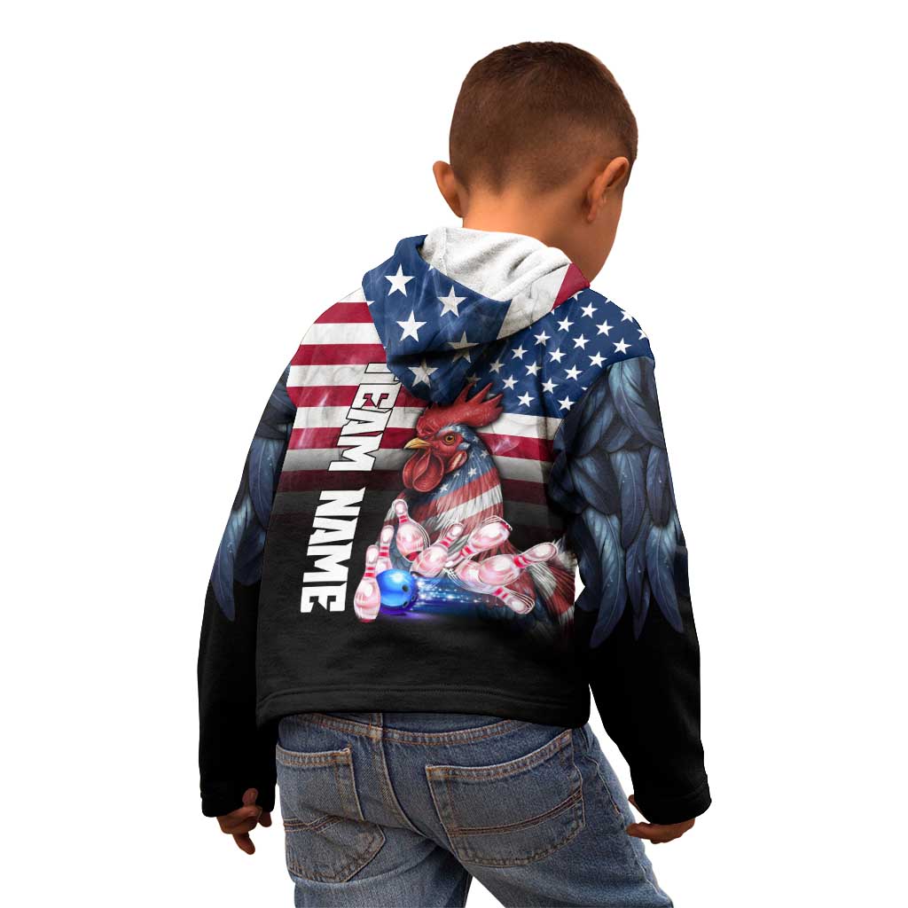 Custom Bowling Rooster Kid Hoodie with Striking Pins and American Flag Feather Pattern - Wonder Print Shop