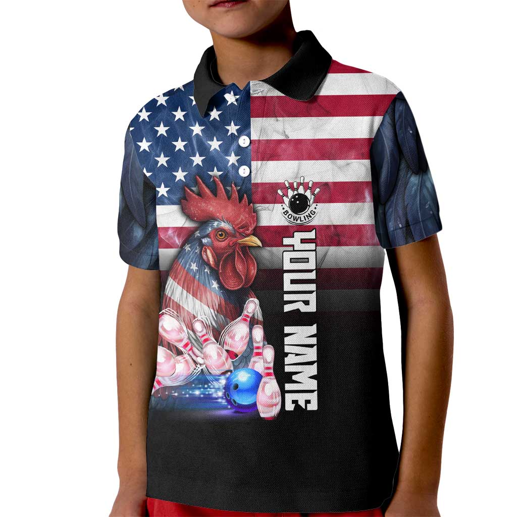 Custom Bowling Rooster Kid Polo Shirt with Striking Pins and American Flag Feather Pattern - Wonder Print Shop