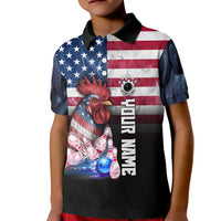 Custom Bowling Rooster Kid Polo Shirt with Striking Pins and American Flag Feather Pattern - Wonder Print Shop