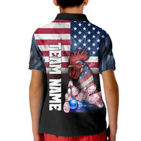 Custom Bowling Rooster Kid Polo Shirt with Striking Pins and American Flag Feather Pattern - Wonder Print Shop