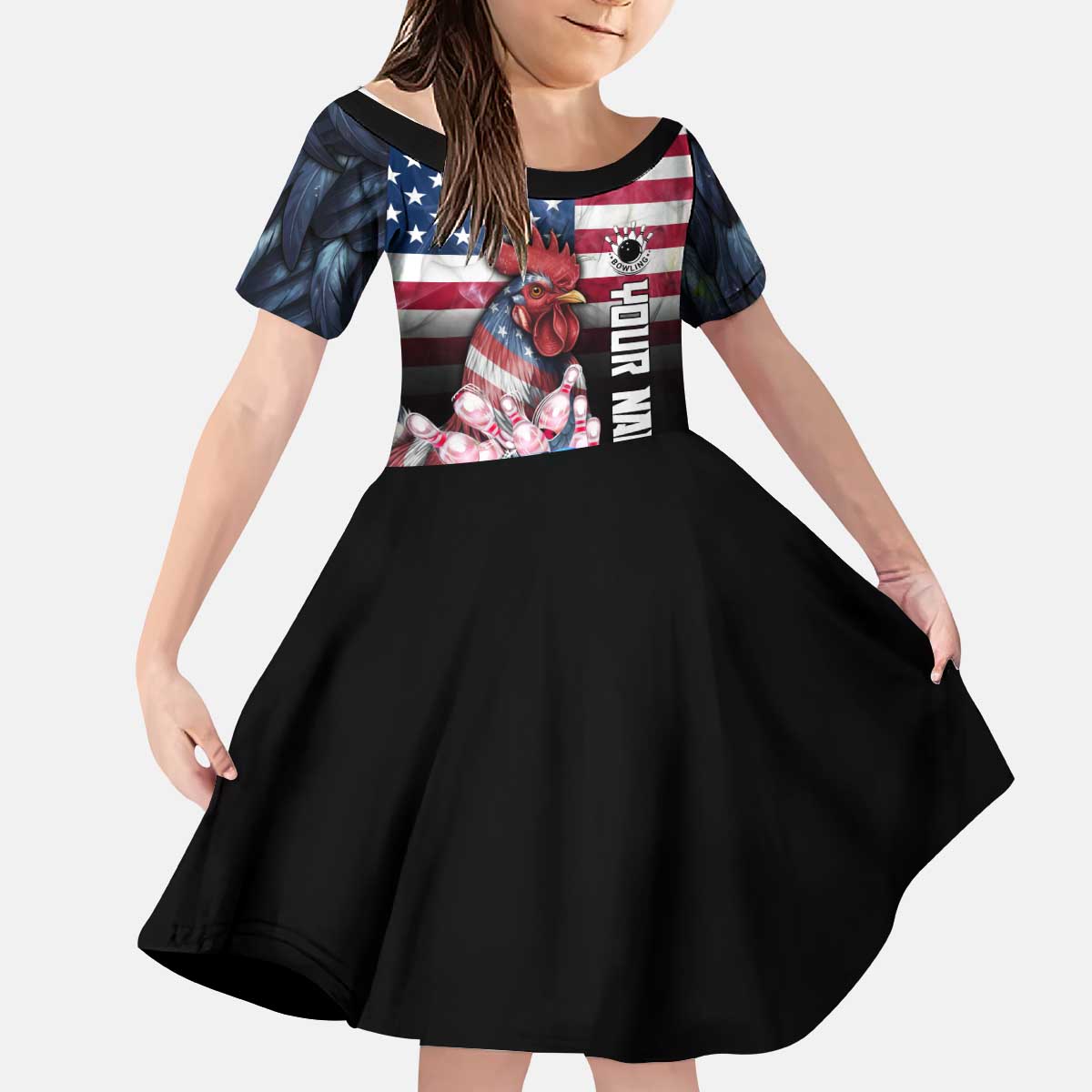 Custom Bowling Rooster Kid Short Sleeve Dress with Striking Pins and American Flag Feather Pattern - Wonder Print Shop