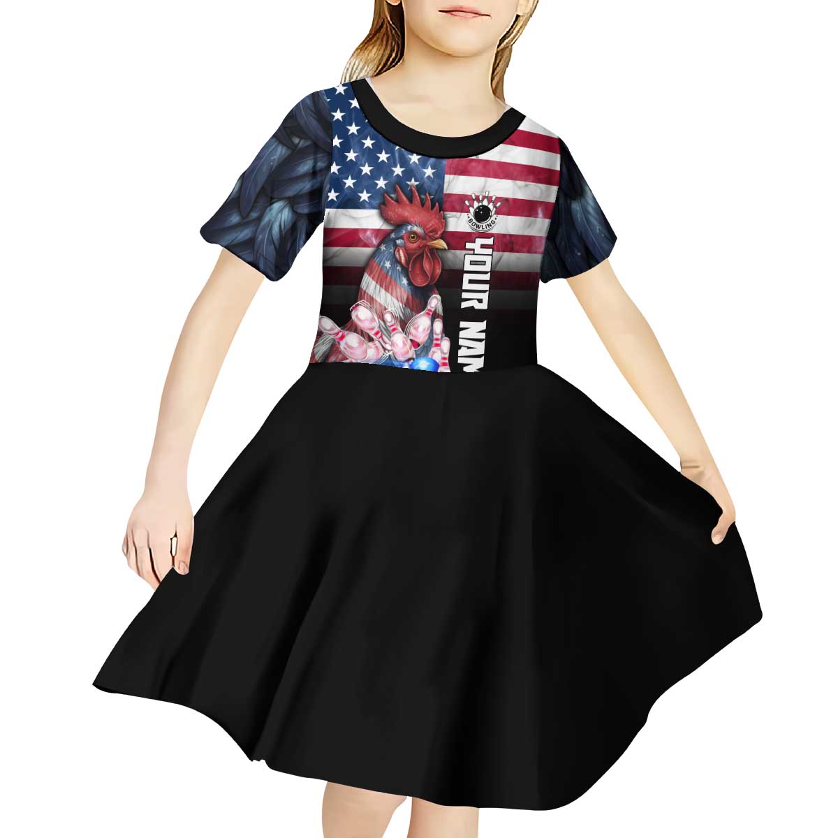 Custom Bowling Rooster Kid Short Sleeve Dress with Striking Pins and American Flag Feather Pattern - Wonder Print Shop