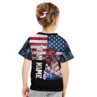 Custom Bowling Rooster Kid T Shirt with Striking Pins and American Flag Feather Pattern - Wonder Print Shop
