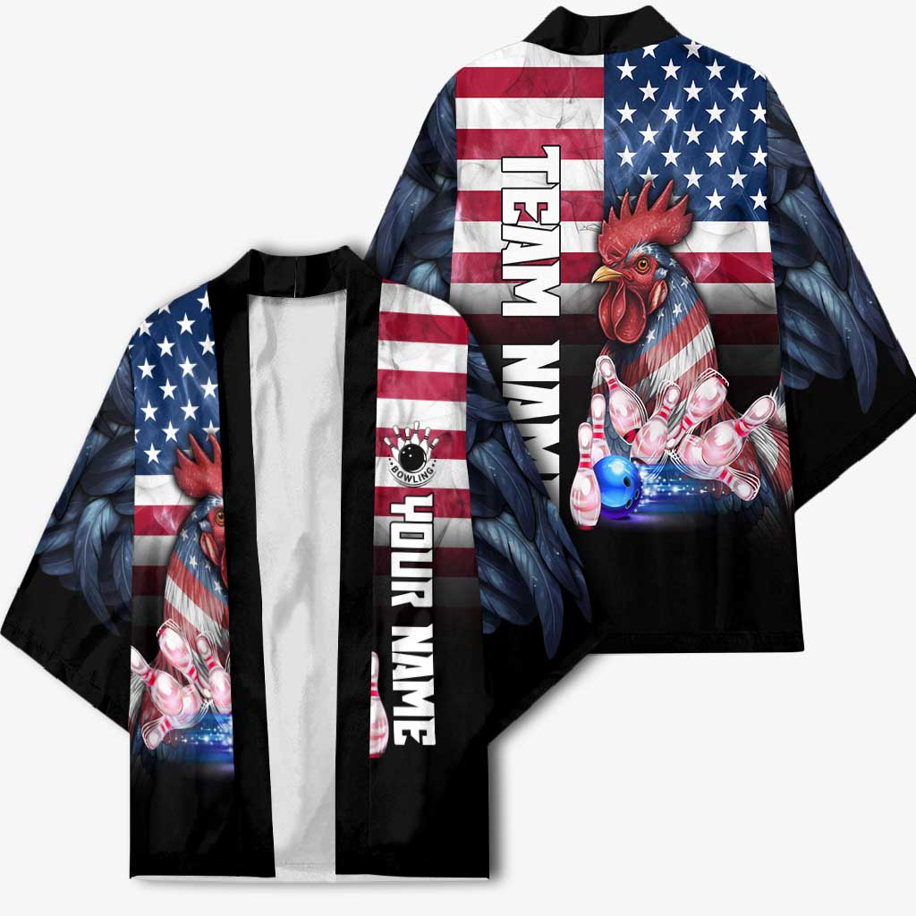 Custom Bowling Rooster Kimono with Striking Pins and American Flag Feather Pattern - Wonder Print Shop
