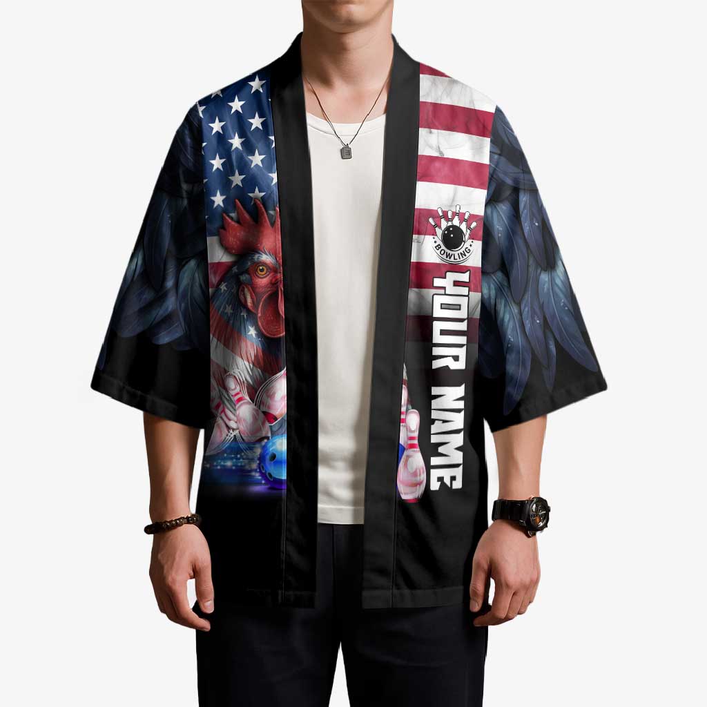 Custom Bowling Rooster Kimono with Striking Pins and American Flag Feather Pattern - Wonder Print Shop
