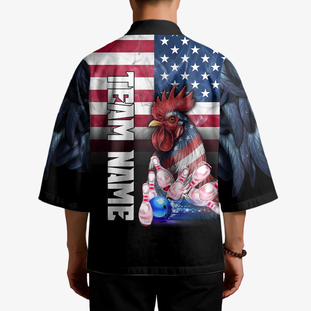 Custom Bowling Rooster Kimono with Striking Pins and American Flag Feather Pattern - Wonder Print Shop