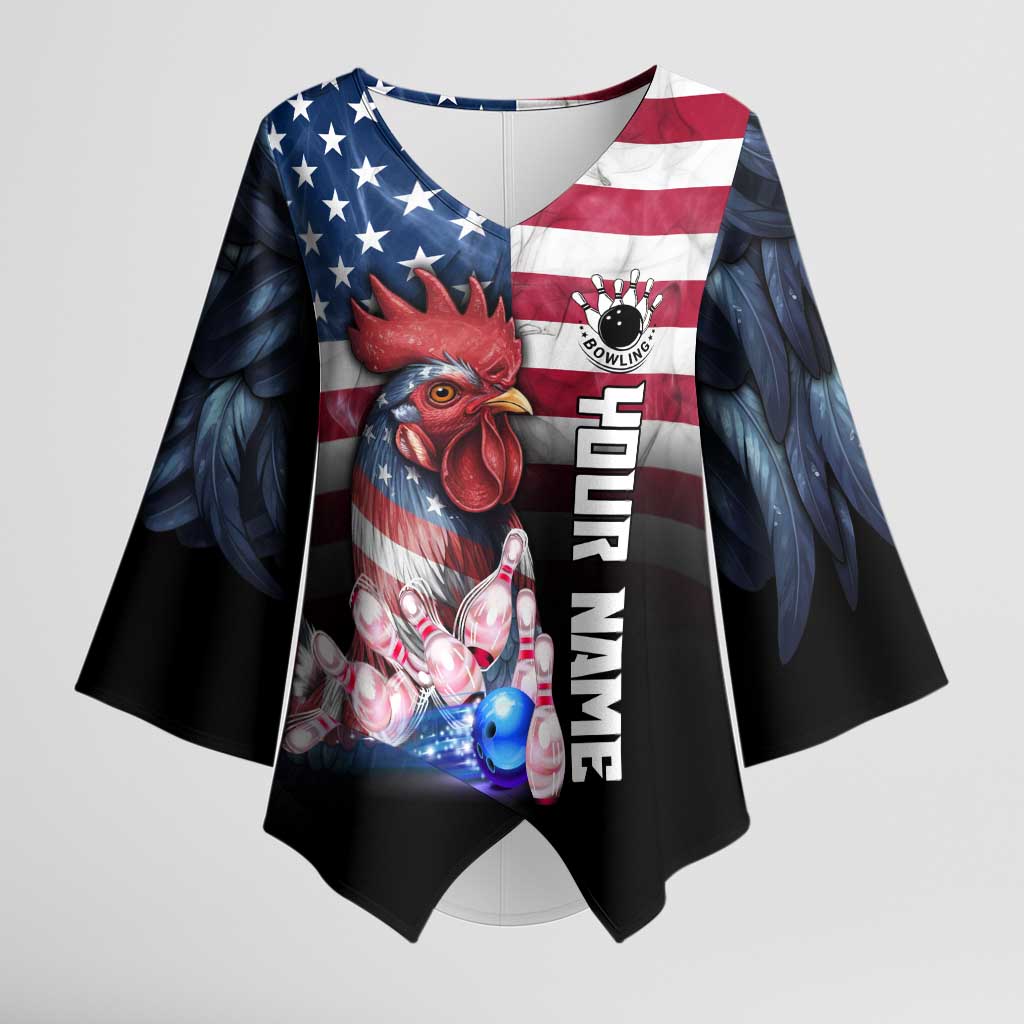 Custom Bowling Rooster Kimono Sleeve Blouse with Striking Pins and American Flag Feather Pattern - Wonder Print Shop