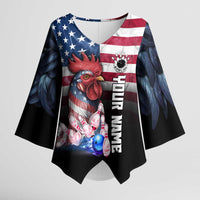 Custom Bowling Rooster Kimono Sleeve Blouse with Striking Pins and American Flag Feather Pattern - Wonder Print Shop