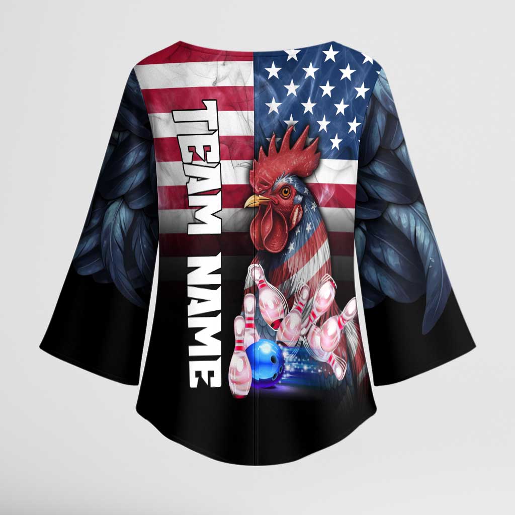 Custom Bowling Rooster Kimono Sleeve Blouse with Striking Pins and American Flag Feather Pattern - Wonder Print Shop