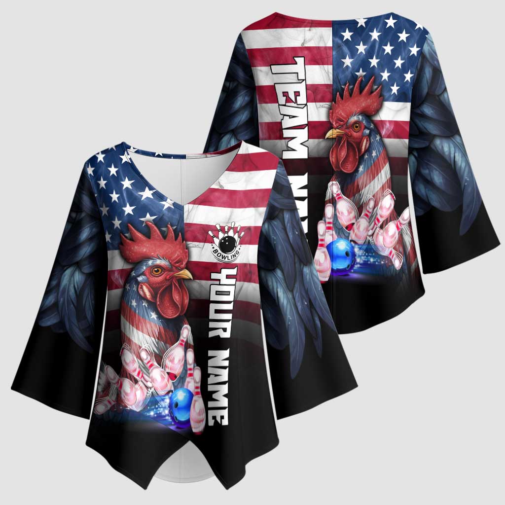 Custom Bowling Rooster Kimono Sleeve Blouse with Striking Pins and American Flag Feather Pattern - Wonder Print Shop