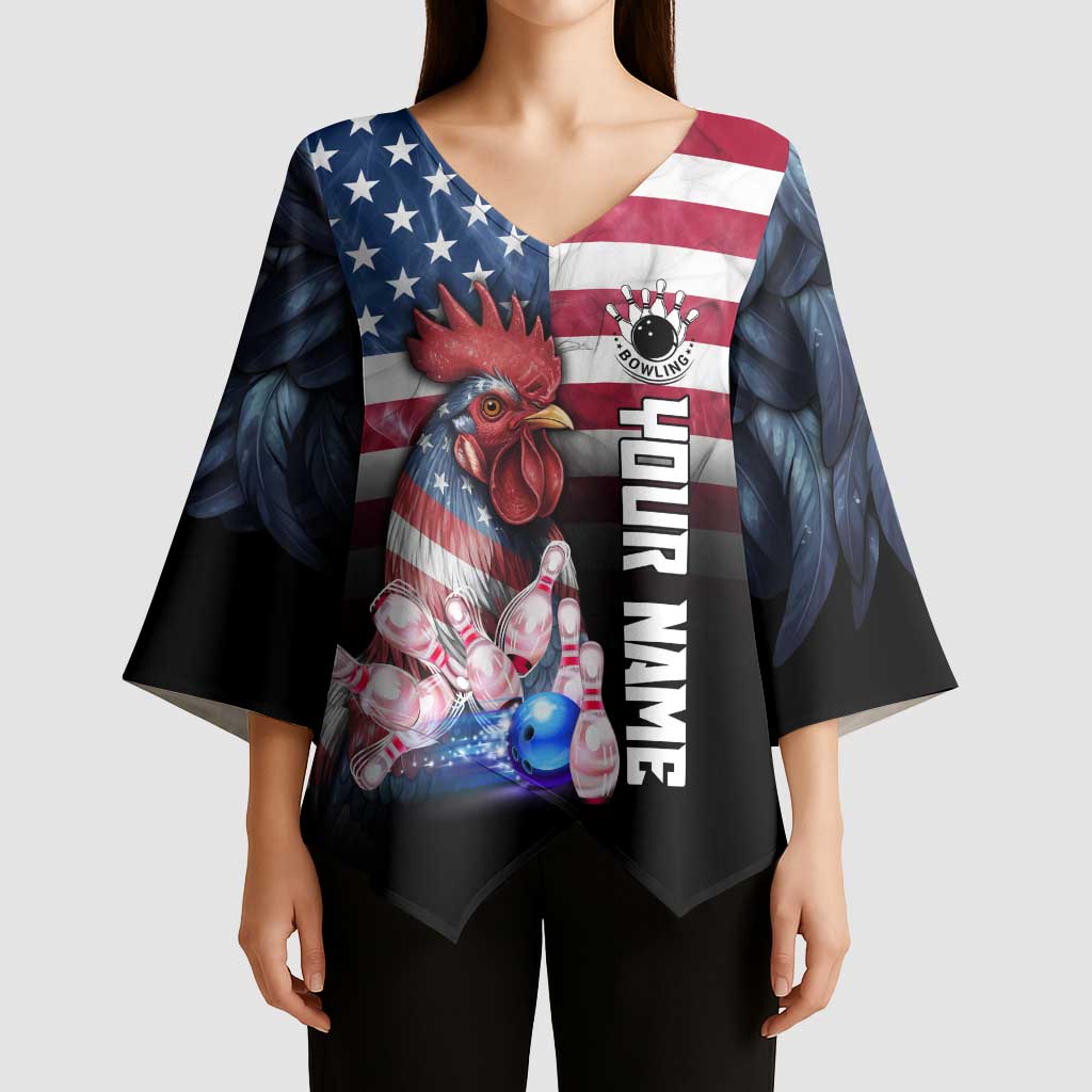 Custom Bowling Rooster Kimono Sleeve Blouse with Striking Pins and American Flag Feather Pattern - Wonder Print Shop