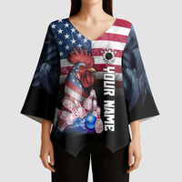 Custom Bowling Rooster Kimono Sleeve Blouse with Striking Pins and American Flag Feather Pattern - Wonder Print Shop