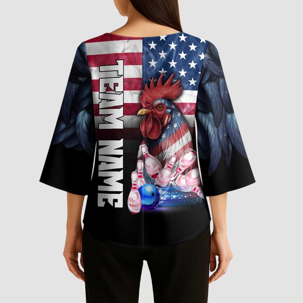 Custom Bowling Rooster Kimono Sleeve Blouse with Striking Pins and American Flag Feather Pattern - Wonder Print Shop
