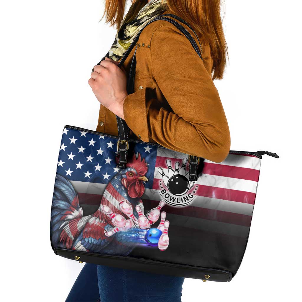 Bowling Rooster Leather Tote Bag with Striking Pins and American Flag Feather Pattern - Wonder Print Shop