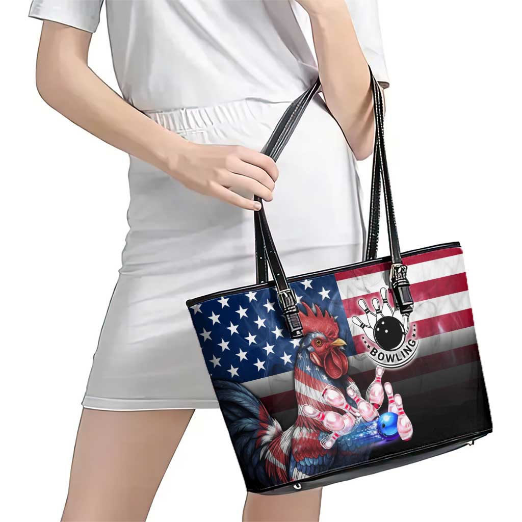 Bowling Rooster Leather Tote Bag with Striking Pins and American Flag Feather Pattern - Wonder Print Shop
