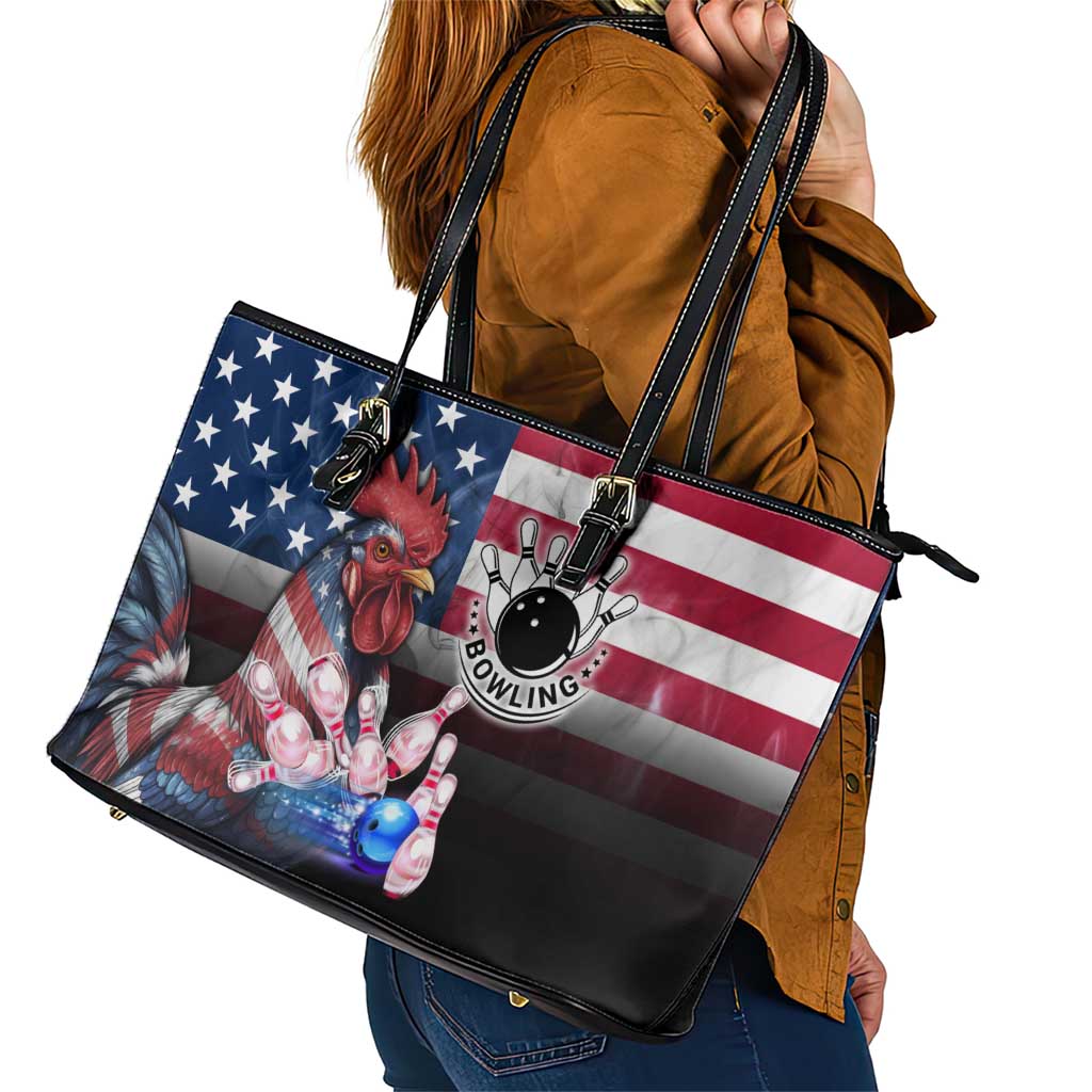 Bowling Rooster Leather Tote Bag with Striking Pins and American Flag Feather Pattern - Wonder Print Shop