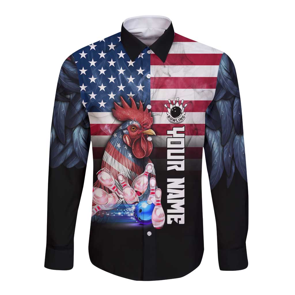 Custom Bowling Rooster Long Sleeve Button Shirt with Striking Pins and American Flag Feather Pattern - Wonder Print Shop