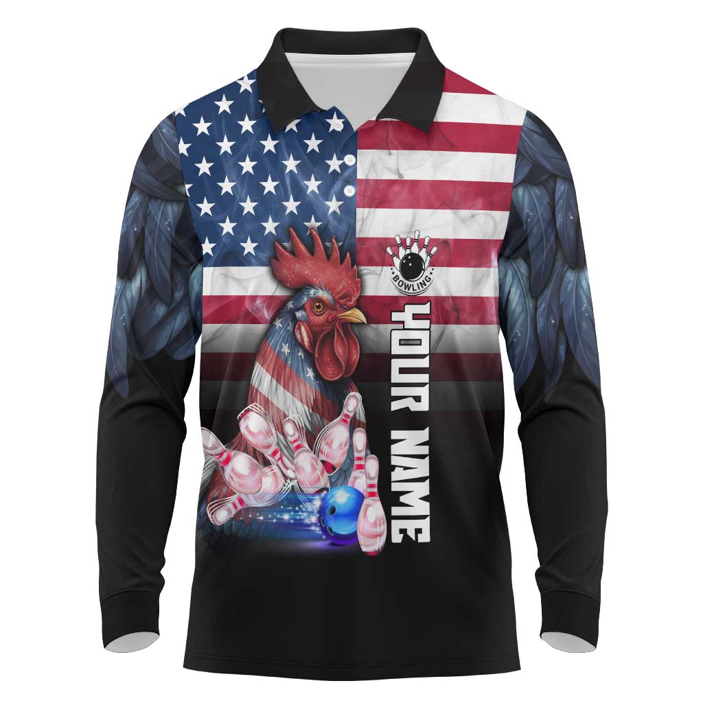 Custom Bowling Rooster Long Sleeve Polo Shirt with Striking Pins and American Flag Feather Pattern - Wonder Print Shop