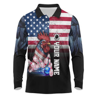 Custom Bowling Rooster Long Sleeve Polo Shirt with Striking Pins and American Flag Feather Pattern - Wonder Print Shop