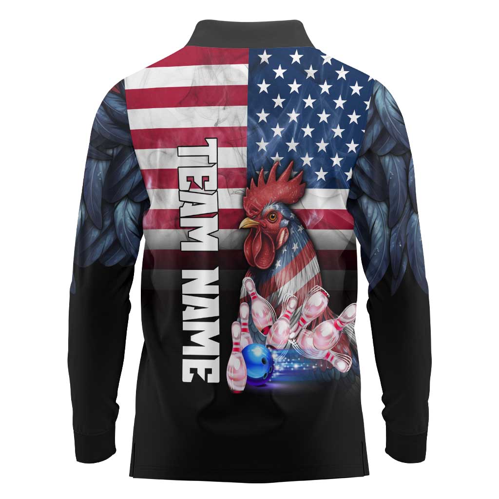 Custom Bowling Rooster Long Sleeve Polo Shirt with Striking Pins and American Flag Feather Pattern - Wonder Print Shop