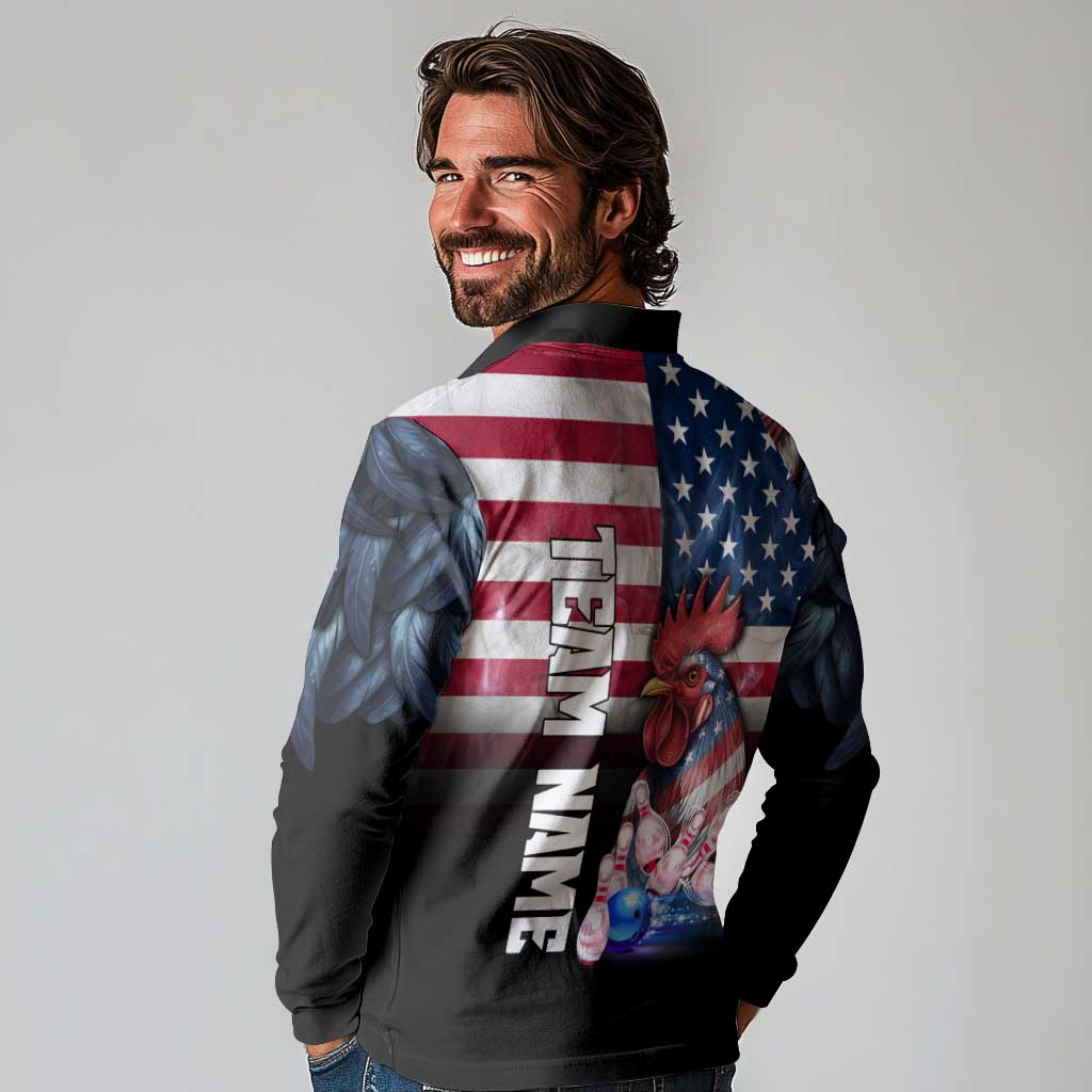 Custom Bowling Rooster Long Sleeve Polo Shirt with Striking Pins and American Flag Feather Pattern - Wonder Print Shop