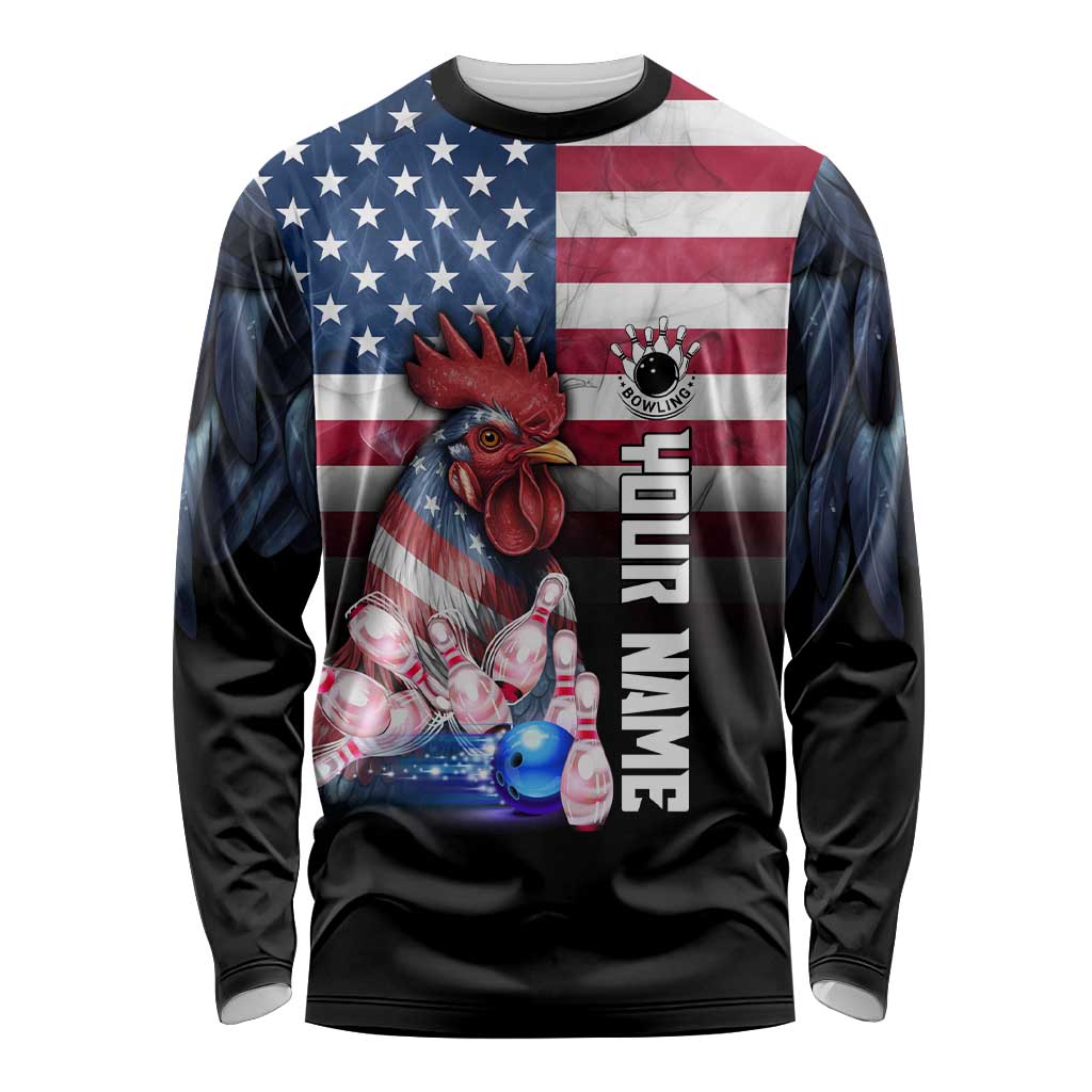 Custom Bowling Rooster Long Sleeve Shirt with Striking Pins and American Flag Feather Pattern - Wonder Print Shop