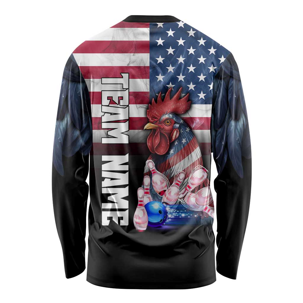 Custom Bowling Rooster Long Sleeve Shirt with Striking Pins and American Flag Feather Pattern - Wonder Print Shop