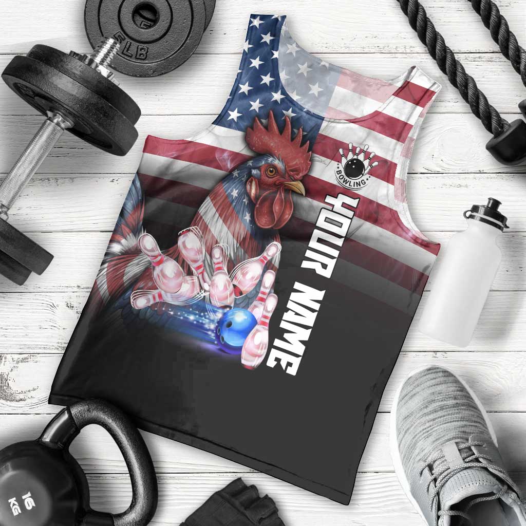 Custom Bowling Rooster Men Tank Top with Striking Pins and American Flag Feather Pattern - Wonder Print Shop
