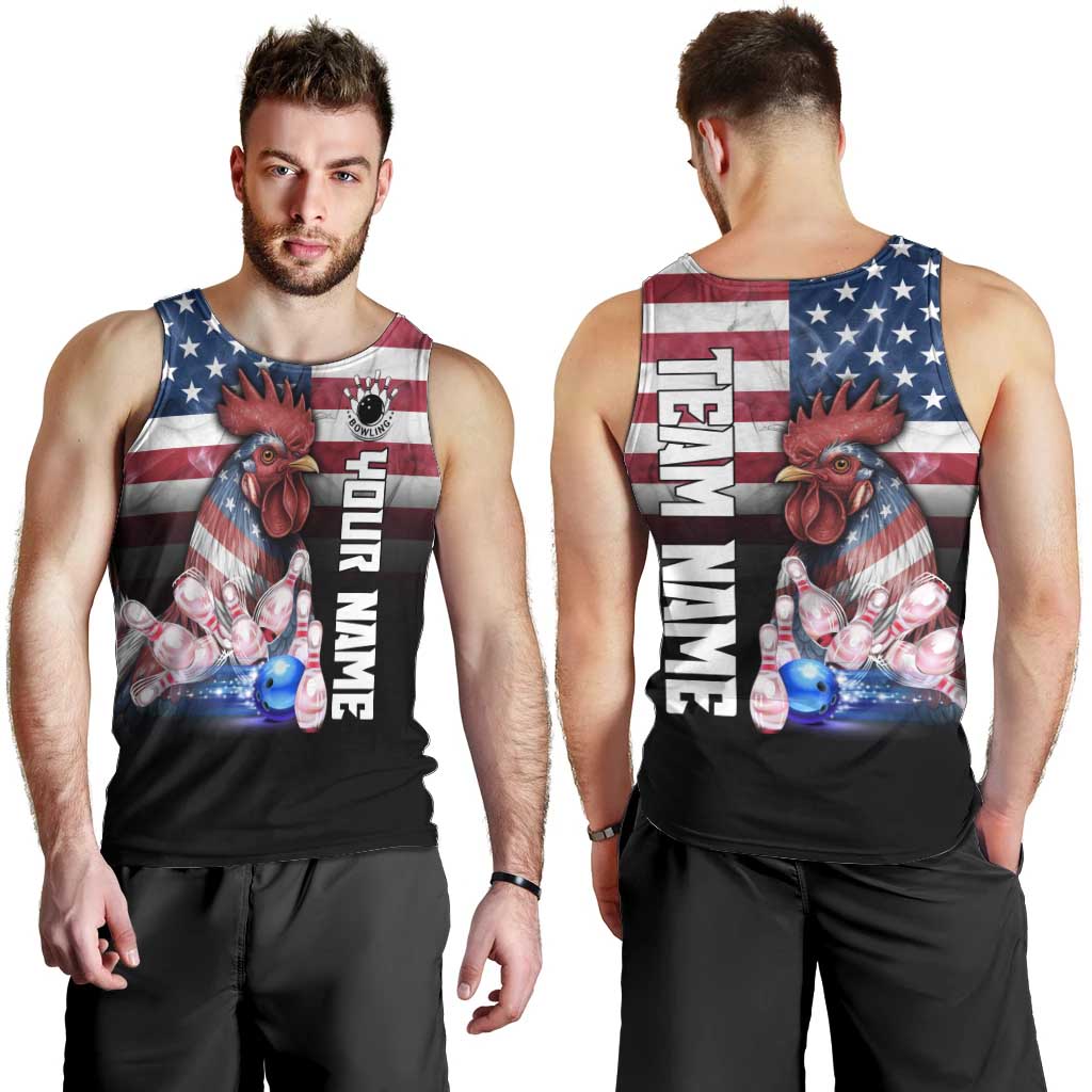 Custom Bowling Rooster Men Tank Top with Striking Pins and American Flag Feather Pattern - Wonder Print Shop