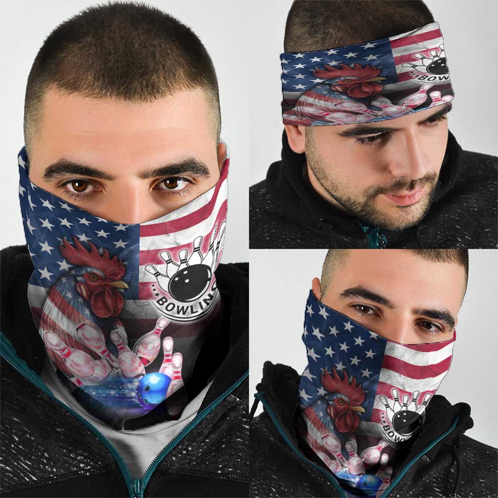 Bowling Rooster Neck Gaiter with Striking Pins and American Flag Feather Pattern - Wonder Print Shop