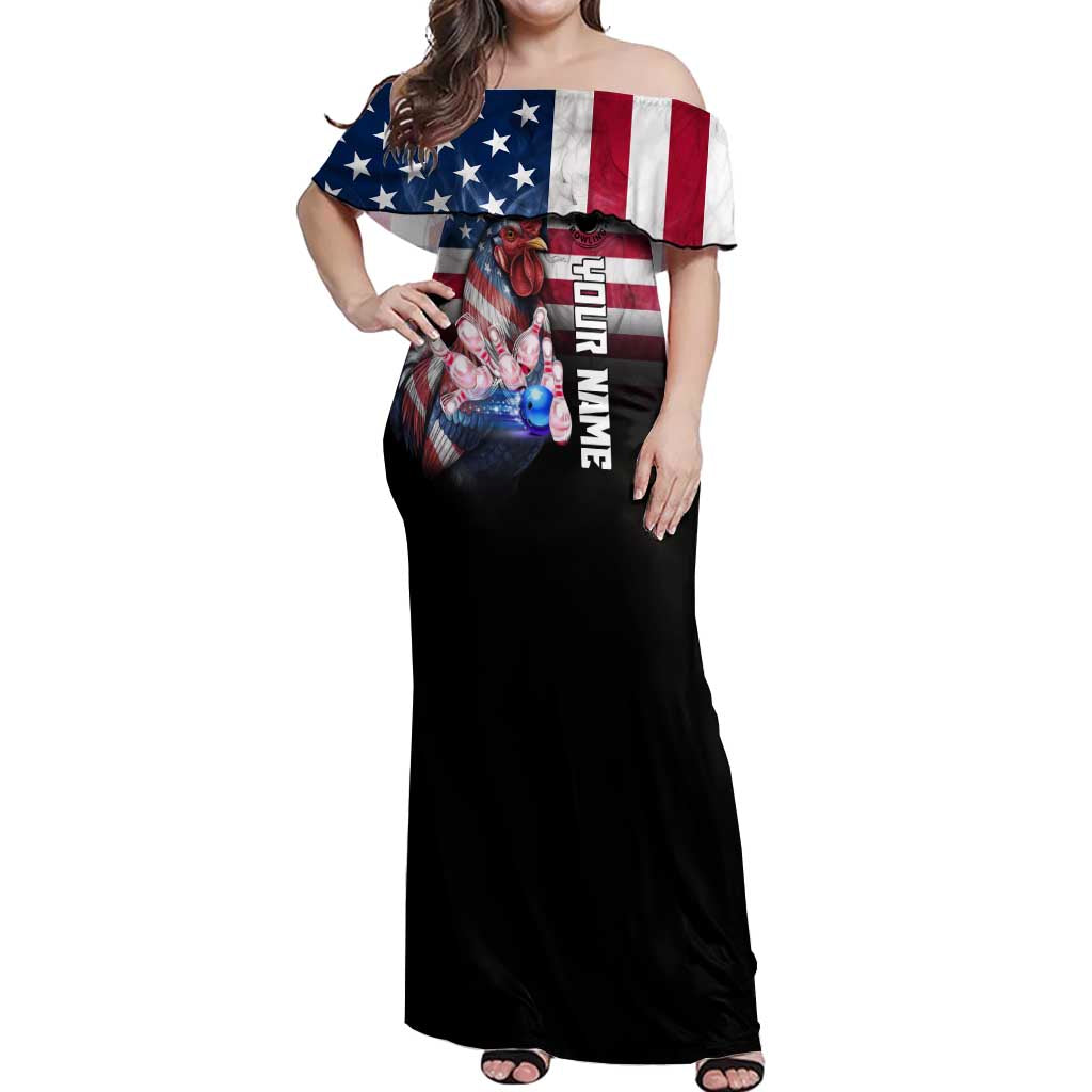 Custom Bowling Rooster Off Shoulder Maxi Dress with Striking Pins and American Flag Feather Pattern - Wonder Print Shop