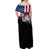 Custom Bowling Rooster Off Shoulder Maxi Dress with Striking Pins and American Flag Feather Pattern - Wonder Print Shop